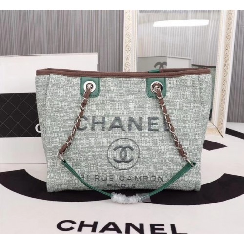 Пазарска чанта Chanel от плат, телешка кожа, сребрист метал, A23556, зелена