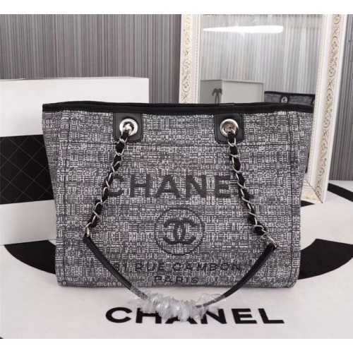 Пазарска чанта Chanel от плат, телешка кожа, сребрист метал, A23556, сива