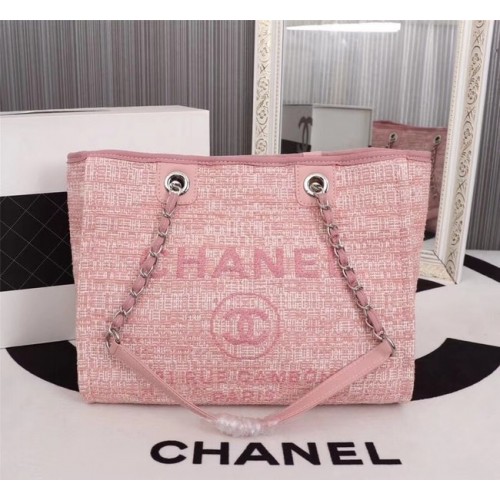 Пазарска чанта Chanel от плат, телешка кожа, сребрист метал A23556, розова