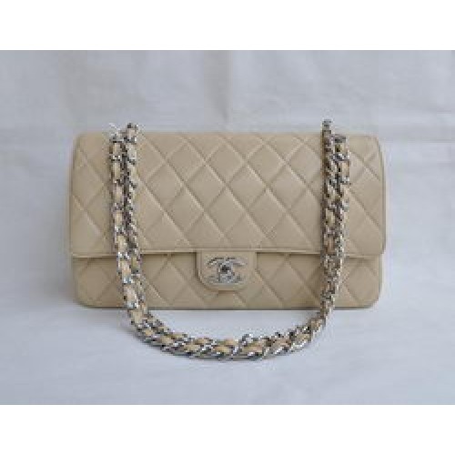 Чанта Chanel Classic 2.55 Series Apricot Lambskin Silver с верижка и капак 1113