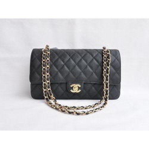 Чанта Chanel Classic 2.55 Series Black Caviar със златна верижка и капак 1113