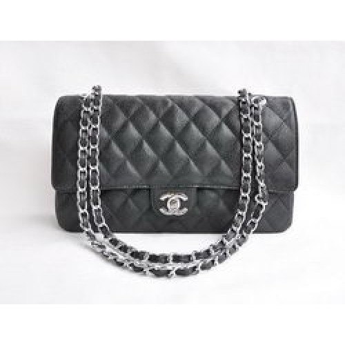 Чанта Chanel Classic 2.55 Series Black Caviar Silver с ватиран капак 1113