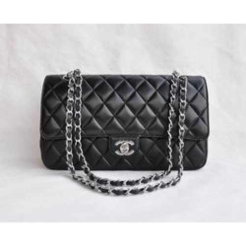 Чанта Chanel Classic 2.55 черна с агнешка кожа и сребърна верижка с капак 1113