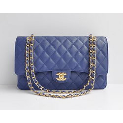 Чанта Chanel Classic 2.55 Series Blue Caviar със златна верижка и ватиран капак 1113