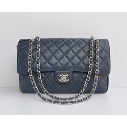 Чанта Chanel Classic 2.55 Series светло синя с хайвер и сребърна верижка с капак 1113