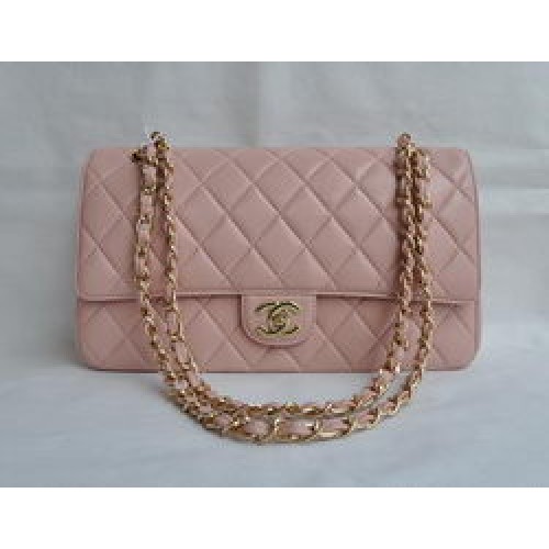 Чанта Chanel Classic 2.55 от розова агнешка кожа със златна верижка и капак 1113
