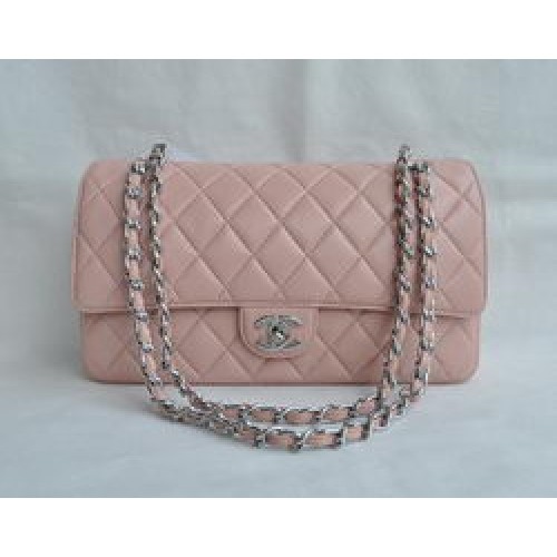 Чанта Chanel Classic 2.55 от розова агнешка кожа със сребърна верижка и капак 1113