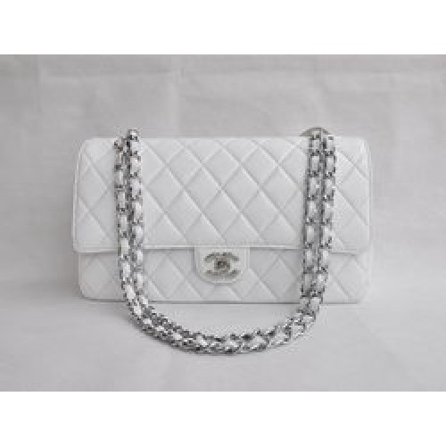 Чанта Chanel Classic 2.55 от бяла агнешка кожа с верижка и капак, сребърна, 1113