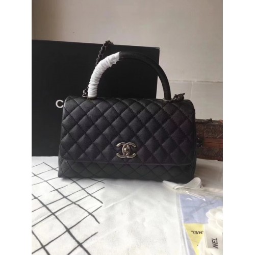 Чанта Chanel Classic Black с горна дръжка, черна, оригинална кожа A92292, сребриста