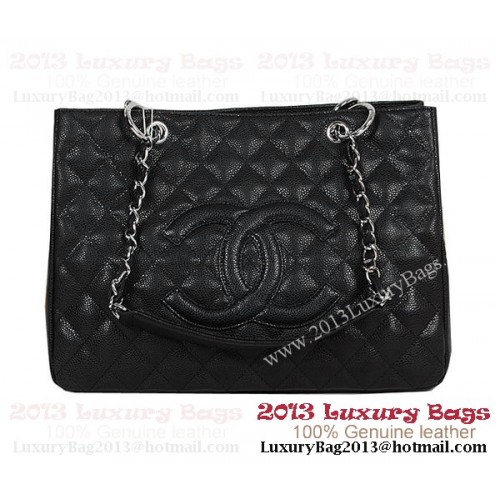 Пазарска чанта Chanel Classic CC, черна, с шарки Cannage, A35899, сребриста
