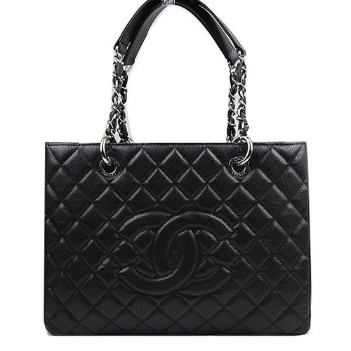 Чанта Chanel Classic Coco от черна кожа GST Caviar A50995, сребриста