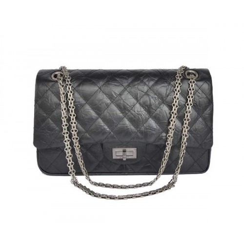 Чанта Chanel Classic Falp от черна остъклена напукана кожа A28668, черно-сребристо