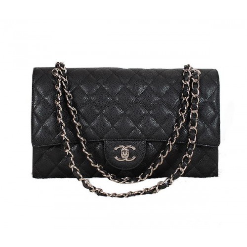 Чанта Chanel Classic Flap 1113 Черна, Оригинална, Кожена, Сребриста