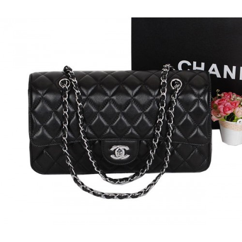 Класическа чанта Chanel Flap 1113 Черна овча кожа, сребриста