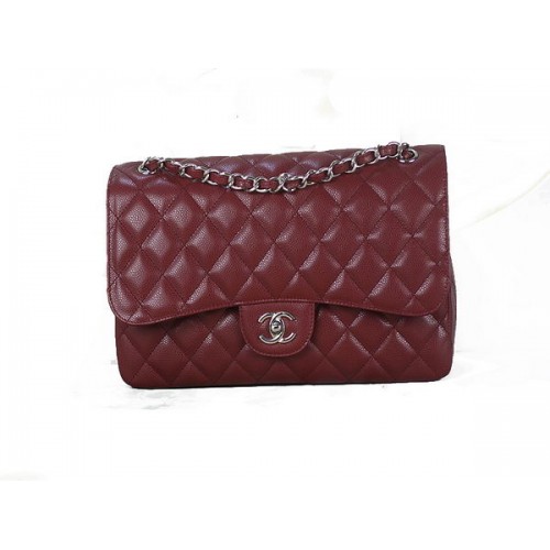 Чанта Chanel Classic Flap 1113 Бордо Оригинална Кожена Сребърна с Модел Cannage
