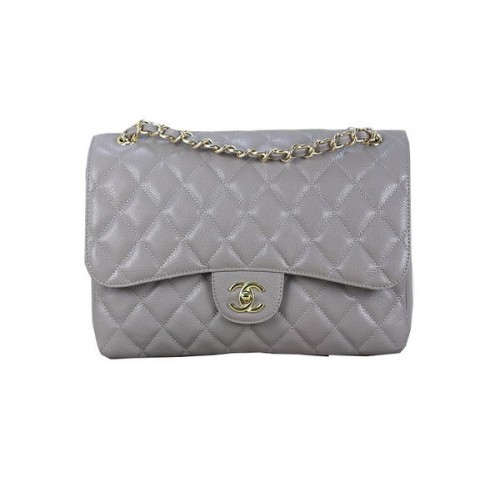Чанта Chanel Classic Flap 1113 сива, оригинална, с шарка Cannage, кожа, златиста