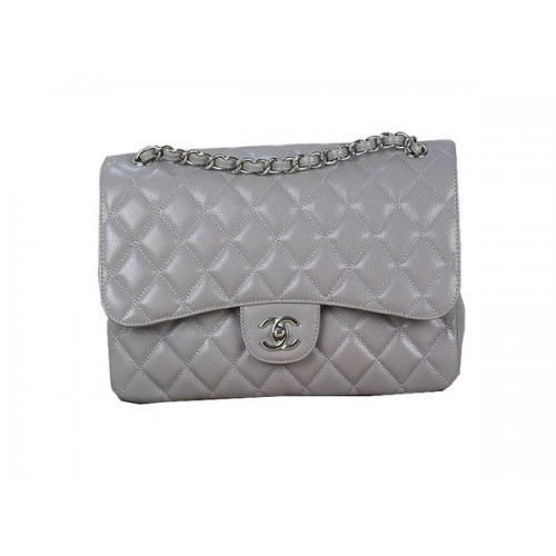 Чанта Chanel Classic Flap 1113 сива, оригинална, с шарка Cannage, кожа, сребриста