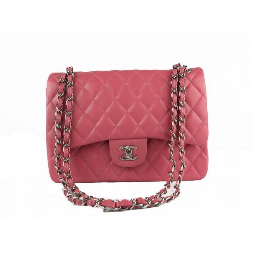 Чанта Chanel Classic Flap 1113, розова, оригинална, от овча кожа, сребриста