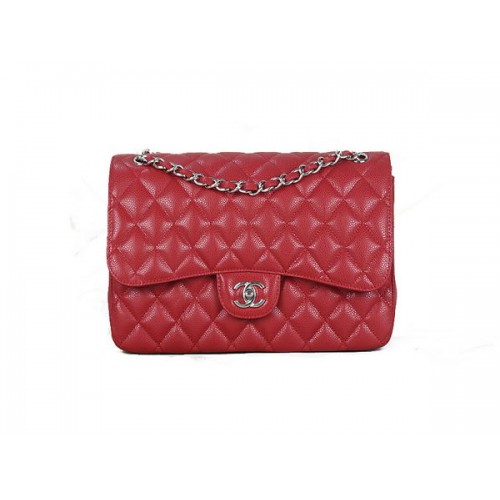 Чанта Chanel Classic Flap 1113, червена, оригинална, с шарка Cannage, кожа, сребриста