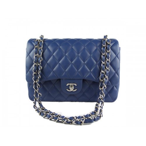 Чанта Chanel Classic Flap 1113 RoyalBlue, оригинална овча кожа, сребриста