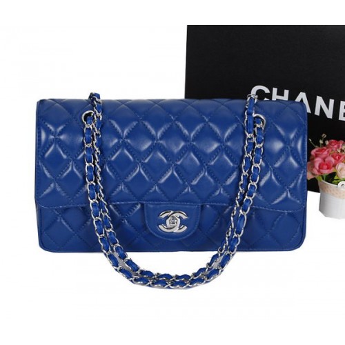 Чанта Chanel Classic Flap 1113 от овча кожа, кралско синьо, сребриста