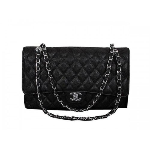 Класическа чанта Chanel Flap 1119 Черна кожена чанта с шарка Cannage, сребриста