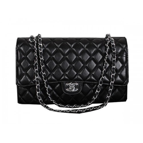 Класическа чанта Chanel Flap 1119 Черна овча кожа Сребърна
