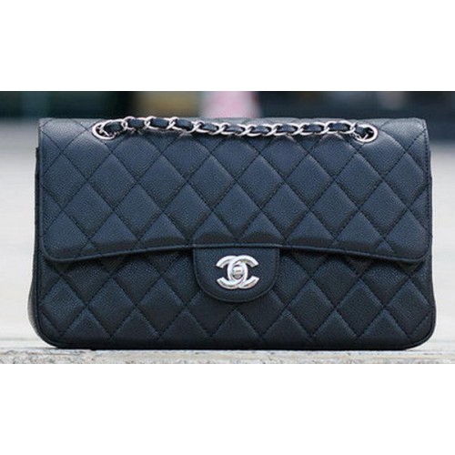Класическа чанта Chanel с капак, черна, с шарка Cannage, A1113, сребриста