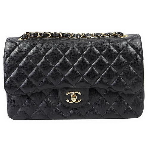 Чанта Chanel Classic Flap с черна каишка и шарка Cannage CF1113 Gold