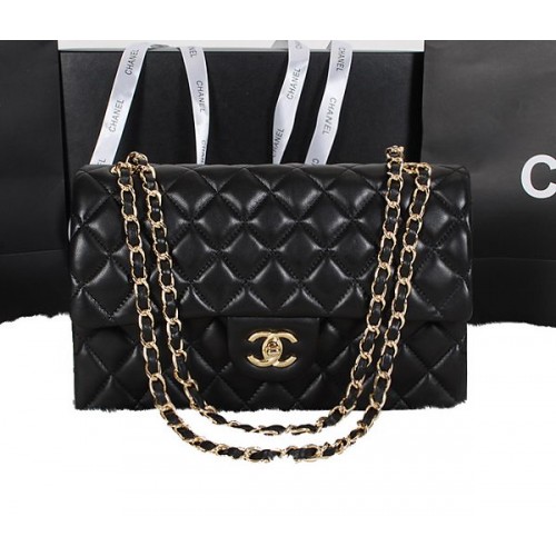 Чанта Chanel Classic Flap от черна, оригинална овча кожа A1118, златиста