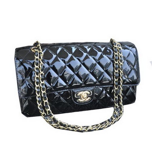 Класическа чанта Chanel с капак, черна, лачена кожа CHA1113, златиста