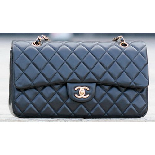 Класическа чанта Chanel от овча кожа, черна, златиста A1113