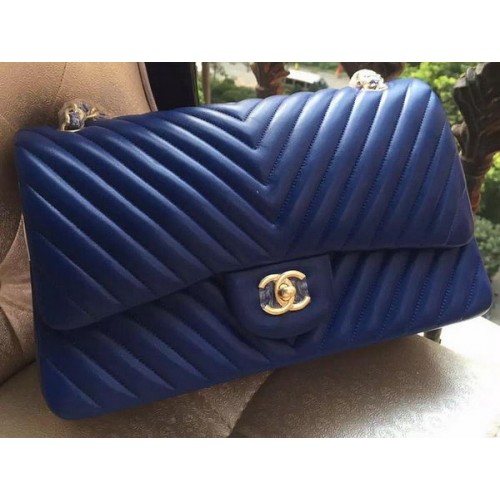 Чанта Chanel Classic Flap от синя овча кожа с капитониране Chevron A1113 Gold
