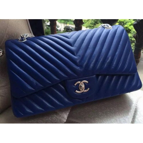 Чанта Chanel Classic Flap от синя овча кожа с капитониране Chevron A1113 Сребриста