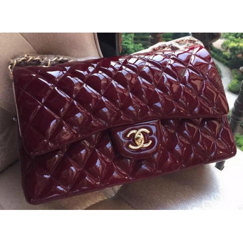 Чанта Chanel Classic Flap, бордо, оригинална лачена кожа A1113, златиста