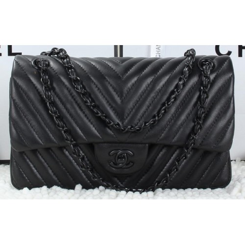 Чанта Chanel Classic Flap от агнешка кожа Chevron Quilting A01112 черна