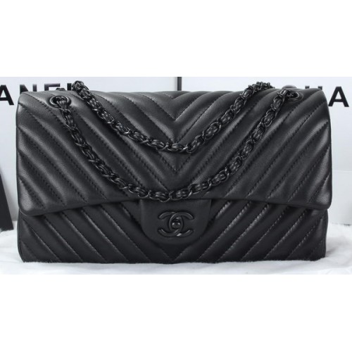 Чанта Chanel Classic Flap от агнешка кожа Chevron Quilting A01113 Черна