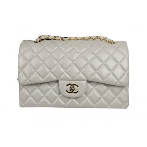 Класическа чанта Chanel с капак, бяла, оригинална кожа CF1113, златиста