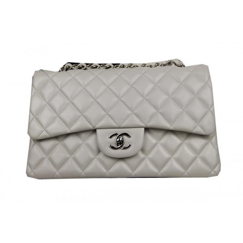 Класическа чанта Chanel с капак, бяла, оригинална кожа CF1113, сребриста