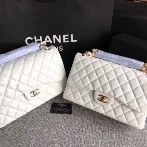 Класическа чанта Chanel с капак, оригинална кожа A1113, бяла