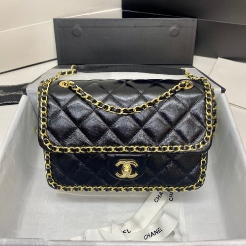 Чанта Chanel Classic Flap, оригинална, от овча кожа, 3366, черно и златисто-метална