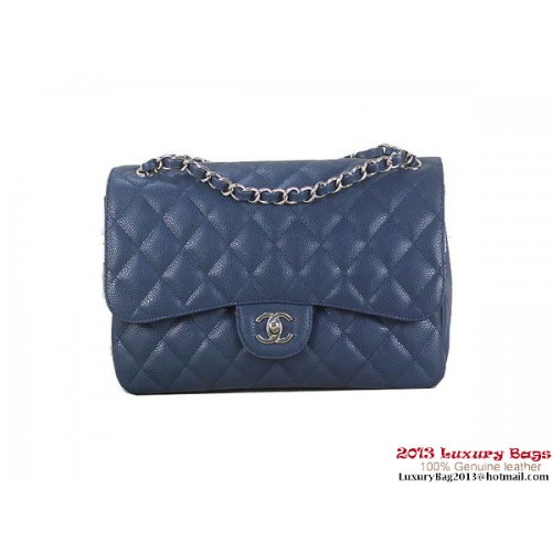 Чанта Chanel Classic Flap, кралско синьо, оригинални шарки Cannage, кожа, сребриста