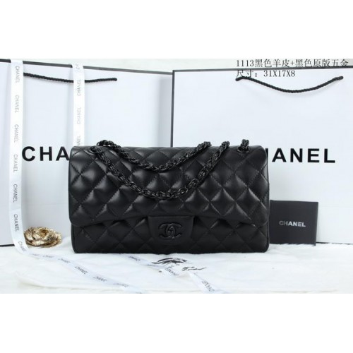 Класическа чанта Chanel с капак от овча кожа A1113 черна