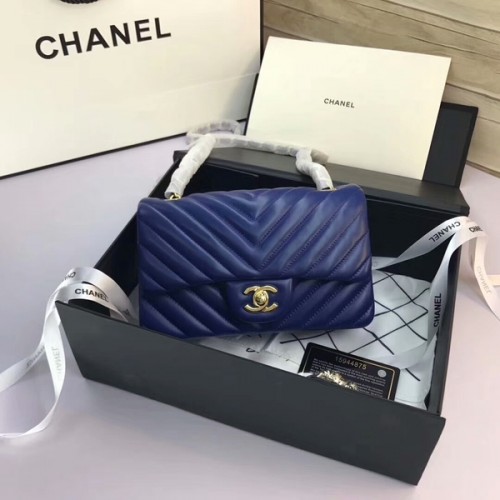 Чанти Chanel Classic Flap, сини, оригинални, от овча кожа, 1116, златни