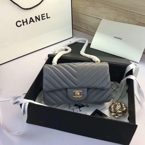 Чанти Chanel Classic Flap, сиви, оригинални, от овча кожа, 1116, златни