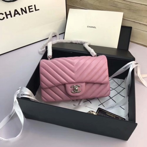 Чанти Chanel Classic Flap, светло розови, оригинални, от овча кожа, 1116, сребърни