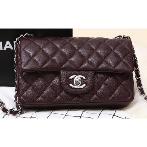 Мини чанта Chanel Classic Flap, бордо, оригинален модел Cannage CHA1280, сребриста