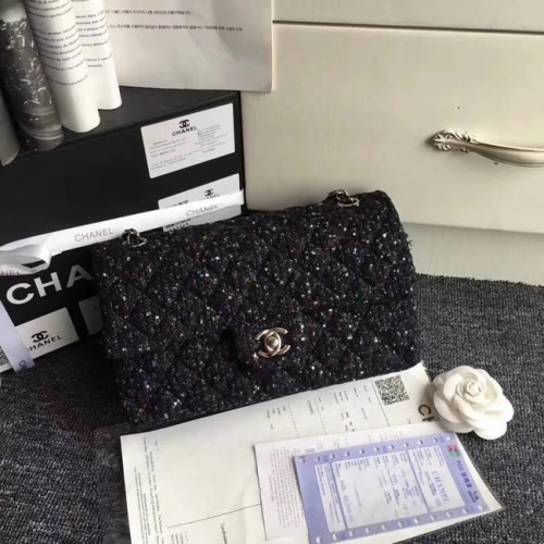 Класическа чанта Chanel, бродиран туид, сребрист метал A01112, черна