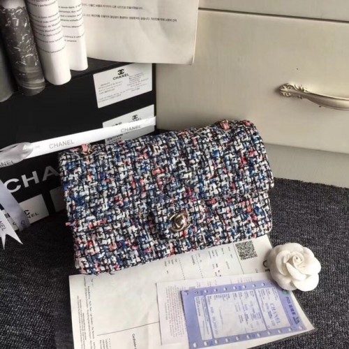 Класическа чанта Chanel от бродиран туид, сребрист метал A01112, сиво-розов цвят