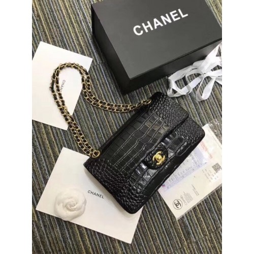 Класическа чанта Chanel Оригинална алигаторска метална чанта в златист цвят A01112 черна